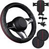 imageCAR PASS Leather Rubber Steering Wheel Cover SetTire Tread Pattern DesignNonSlip WearResistantEquipped with Mobile Phone Holder and NonSlip Cup MatSuitable for Steering Wheel 14515Black Red