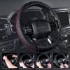 imageCAR PASS Leather Rubber Steering Wheel Covers SetTire Tread Pattern DesignNonSlip WearResistantEquipped with Mobile Phone Holder and Nonslip Cup Mat Suitable for Steering Wheel 14 1215BlackRed and BlackTruck
