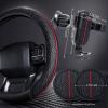 imageCAR PASS Leather Rubber Steering Wheel Covers SetTire Tread Pattern DesignNonSlip WearResistantEquipped with Mobile Phone Holder and Nonslip Cup Mat Suitable for Steering Wheel 14 1215BlackRed and BlackTruck