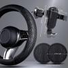 imageCAR PASS Leather Rubber Steering Wheel Covers SetTire Tread Pattern DesignNonSlip WearResistantEquipped with Mobile Phone Holder and Nonslip Cup Mat Suitable for Steering Wheel 14 1215BlackBlack