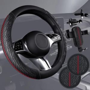 imageCAR PASS Leather Rubber Steering Wheel Cover SetTire Tread Pattern DesignNonSlip WearResistantEquipped with Mobile Phone Holder and NonSlip Cup MatSuitable for Steering Wheel 14515Black Red