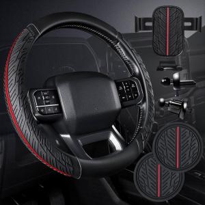 imageCAR PASS Leather Rubber Steering Wheel Covers SetTire Tread Pattern DesignNonSlip WearResistantEquipped with Mobile Phone Holder and Nonslip Cup Mat Suitable for Steering Wheel 14 1215BlackRed and BlackTruck