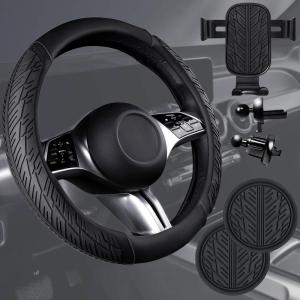 imageCAR PASS Leather Rubber Steering Wheel Covers SetTire Tread Pattern DesignNonSlip WearResistantEquipped with Mobile Phone Holder and Nonslip Cup Mat Suitable for Steering Wheel 14 1215BlackBlack