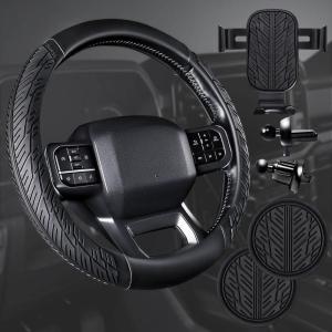imageCAR PASS Leather Rubber Steering Wheel Covers SetTire Tread Pattern DesignNonSlip WearResistantEquipped with Mobile Phone Holder and Nonslip Cup Mat Suitable for Steering Wheel 14 1215BlackBlackTruck