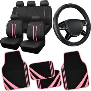 imageCAR PASS Pink Edge Faux Leather Car Floor Mats Universal Car Carpet Mats with Double Stitch Line AntiSlip Backing Design for Cute Girly Women Fit 95 AutomotiveSUVsSedanVans Black and PinkBlack  Pink
