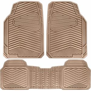 imageCAR PASS Rubber Car Mats Waterproof Car Floor Mats All WeatherCar Mat Full Set 3 Piece Automotive Floor Mat Trim to Fit for Cars Sedans SUVs Trucks Heavy Duty AntiSlip Easy Clean All BlackAll Beige