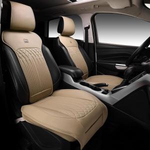 imageCAR PASS Car Seat Protector 2 Pack Sideless Nappa Leather Seat Covers for Cars All Season Waterproof Breathable Front Seats Cushion with Storage Pocket Universal Fit Vehicle Car SUV Truck All BlackBeige