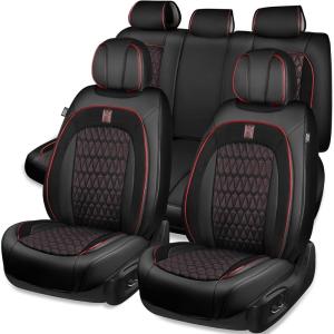 imageCAR PASS Nappa Leather Seat Covers Red Piping Luxury Leather Car Seat Covers Full Set Suede Automotive Seat Covers Full Coverage Cushioned Universal Fit for SUV Pickup Truck SedanBlack and RedBlack and Red