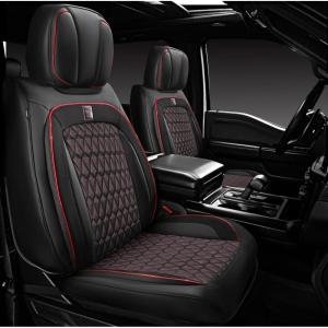 imageCAR PASS Nappa Leather Seat Covers Red Piping Luxury Leather Car Seat Covers Full Set Suede Automotive Seat Covers Full Coverage Cushioned Universal Fit for SUV Pickup Truck SedanBlack and RedBlack Red