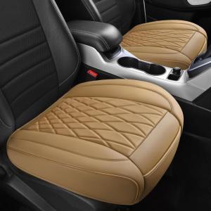 imageCAR PASS Luxury PU Leather Two Front Car Seat Covers Waterproof Seat Covers Compatible with Front Seat Armrests Airbag Compatible Anti Slip Universal Fit for Cars Suvs Vans Trucks Black BlueDark Beige
