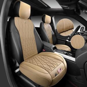 imageCAR PASS Luxury PU Leather Two Front Car Seat Covers Waterproof Seat Covers Compatible with Front Seat Armrests Airbag Compatible Anti Slip Universal Fit for Cars Suvs Vans Trucks Black BlueSolidBeige