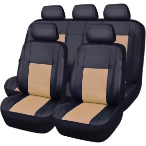 imageCAR Pass Skyline Two Front Pu Leather Car Seat Covers Airbag Compatible Universal fit for CarsSuvsVehiclesFront SeatBlack and BlackBlack and Beige