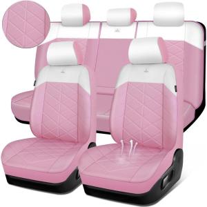 imageCAR PASS Nappa Leather Waterproof Car Seat Covers Full Set 3D Foam Automotive Seat Covers with Rhombic Design Airbag Compatible Universal Fit for Most SUV Truck Sedan Black RedPink White Full Set