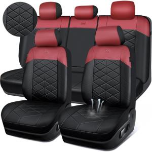 imageCAR PASS Nappa Leather Waterproof Car Seat Covers Full Set 3D Foam Automotive Seat Covers with Rhombic Design Airbag Compatible Universal Fit for Most SUV Truck Sedan Black RedBlack Red Full Set