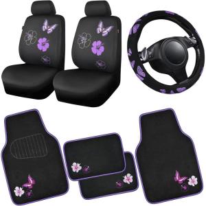 image:imageCAR PASS Embroidery Butterfly Steering Wheel Cover and Waterproof Car Floor MatsPink Car Mats 14515inch Steering Wheel Covers Universal Fit for Cars SuvsSedansVanfor Women GirlBlack and PinkBlack with Purple