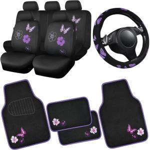 image:imageCAR PASS Embroidery Butterfly Steering Wheel Cover and Waterproof Car Floor MatsPink Car Mats 14515inch Steering Wheel Covers Universal Fit for Cars SuvsSedansVanfor Women GirlBlack and PinkBlack and Purple