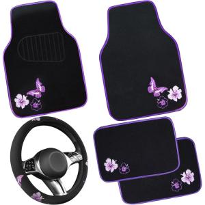 image:imageCAR PASS Embroidery Butterfly Steering Wheel Cover and Waterproof Car Floor MatsPink Car Mats 14515inch Steering Wheel Covers Universal Fit for Cars SuvsSedansVanfor Women GirlBlack and PinkBlack and Purple Butterfly