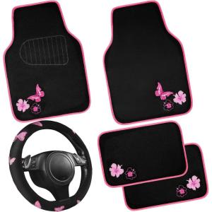 image:imageCAR PASS Embroidery Butterfly Steering Wheel Cover and Waterproof Car Floor MatsPink Car Mats 14515inch Steering Wheel Covers Universal Fit for Cars SuvsSedansVanfor Women GirlBlack and PinkBlack and Pink Butterfly