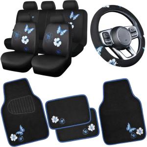 image:imageCAR PASS Embroidery Butterfly Steering Wheel Cover and Waterproof Car Floor MatsPink Car Mats 14515inch Steering Wheel Covers Universal Fit for Cars SuvsSedansVanfor Women GirlBlack and PinkBlack and Blue