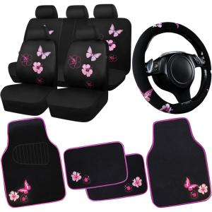 image:imageCAR PASS Embroidery Butterfly Steering Wheel Cover and Waterproof Car Floor MatsPink Car Mats 14515inch Steering Wheel Covers Universal Fit for Cars SuvsSedansVanfor Women GirlBlack and PinkBlack Pink