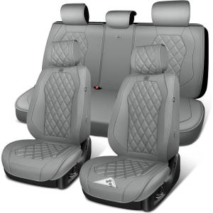 image:imageCAR PASS Luxury Leather Car Seat Covers Full Set 3D Rhombus Waterproof Faux Leather Seat Covers Universal Automotive Seat Cushion Fit for Sedan SUV Truck Van Armrest Airbag Compatible Solid Blackgray