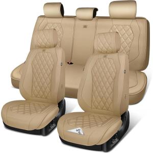 image:imageCAR PASS Luxury Leather Car Seat Covers Full Set 3D Rhombus Waterproof Faux Leather Seat Covers Universal Automotive Seat Cushion Fit for Sedan SUV Truck Van Armrest Airbag Compatible Solid Blackbeige