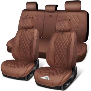 image:imageCAR PASS Luxury Leather Car Seat Covers Full Set 3D Rhombus Waterproof Faux Leather Seat Covers Universal Automotive Seat Cushion Fit for Sedan SUV Truck Van Armrest Airbag Compatible Solid Blackbrown