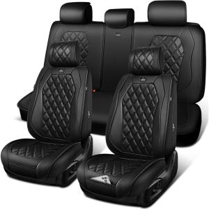 image:imageCAR PASS Luxury Leather Car Seat Covers Full Set 3D Rhombus Waterproof Faux Leather Seat Covers Universal Automotive Seat Cushion Fit for Sedan SUV Truck Van Armrest Airbag Compatible Solid BlackBlack
