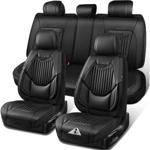 image:imageCAR PASS Luxury Nappa Leather Car Seat Covers Full Set Lumbar Support Seat Covers for Car 5 Seats Waterproof Car Seat Protector Automotive Seat Covers Universal Fit for Most Sedans SUV Trucks Black