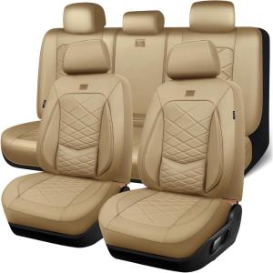 image:imageCAR PASS Luxury Nappa Leather Front Seat Covers Waterproof 3D Foam Seat Covers with Lumbar Support Breathable Auto Seat Cover Airbag Compatible Universal Fit for Sedan SUV Van Truck All Blackbeige