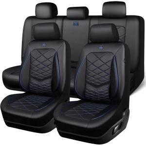 image:imageCAR PASS Luxury Nappa Leather Front Seat Covers Waterproof 3D Foam Seat Covers with Lumbar Support Breathable Auto Seat Cover Airbag Compatible Universal Fit for Sedan SUV Van Truck All Blackblack and blue