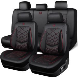 image:imageCAR PASS Luxury Nappa Leather Front Seat Covers Waterproof 3D Foam Seat Covers with Lumbar Support Breathable Auto Seat Cover Airbag Compatible Universal Fit for Sedan SUV Van Truck All Blackblack and red