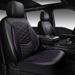 image:imageCAR PASS Luxury Nappa Leather Front Seat Covers Waterproof 3D Foam Seat Covers with Lumbar Support Breathable Auto Seat Cover Airbag Compatible Universal Fit for Sedan SUV Van Truck All BlackBlack and Purple